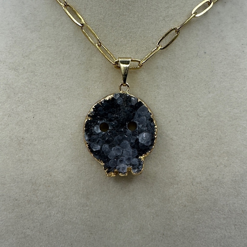 Druzy Amethyst Skull Pendant with Gold Plated Siding on Stainless Steel Chain - Picture 3 of 9